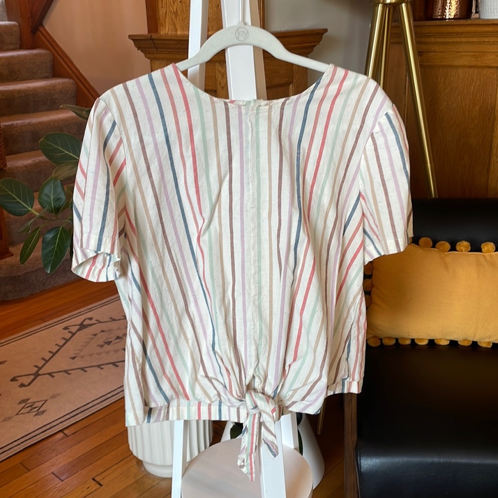 Madewell colorful front tie linen blouse, button back, size large
